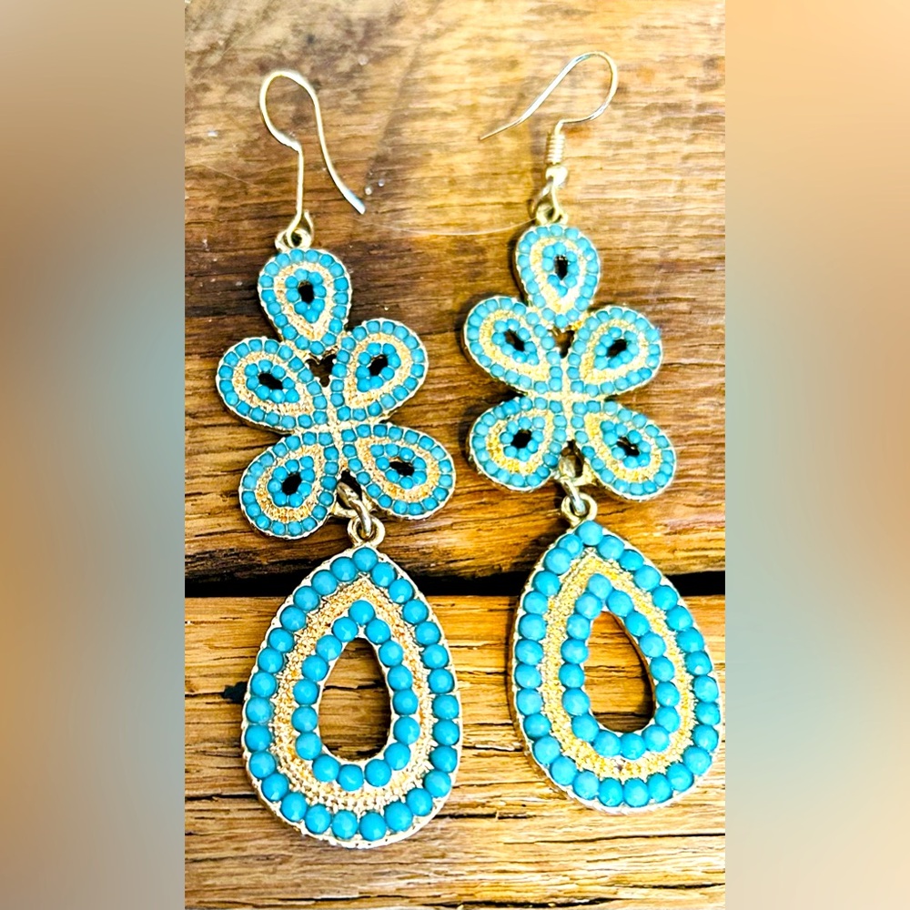 ELEGANT DOUBLE DANGLE TURQUOISE INLAY OVER GOLD TONE PIERCED EARRINGS